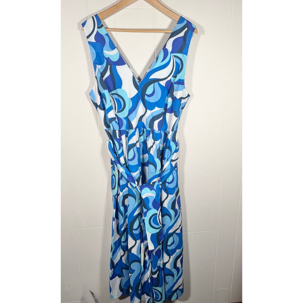 Boden Blue Abstract V-Neck Belted Midi Dress Fit & Flare‎ Sleeveless Size 14R - Picture 9 of 12